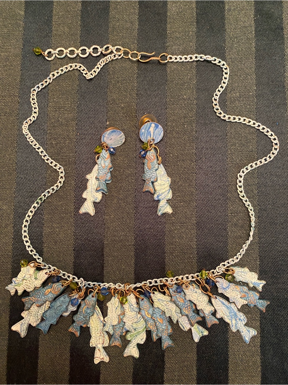 Blue Iridescent Fish Charm Necklace & Earring Set